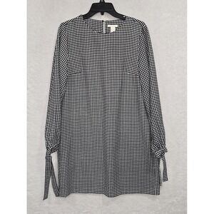 H&M Black & White Gingham Check Shift Dress Tunic Sz 8 Tie Long Sleeves W/Pocket